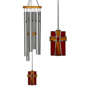 One Coast - Woodstock Chimes wind chime Amazing Grace Silver Windchime with Stained Glass Americana Cross